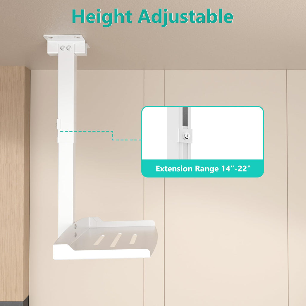 WALI Projector Ceiling Mount Tray，Projector Wall Mount Holds up to 22lbs，Height Adjustable Universal Projection Mount Tray 13.7'' x 8.6'', No Hole Installation, Hidden Cable Routing, White (PM-005-W)