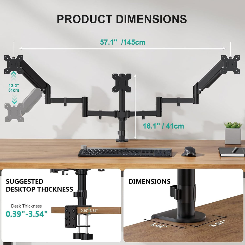 WALI Triple Monitor Mount for 13-27 inch Screens, Adjustable 3 Monitors Desk Mount with Swivel, Tilt, Clamp & Grommet Kit, Gas Spring Arm Triple Monitor Stand, VESA 75x75/100x100mm (GSDM003), Black