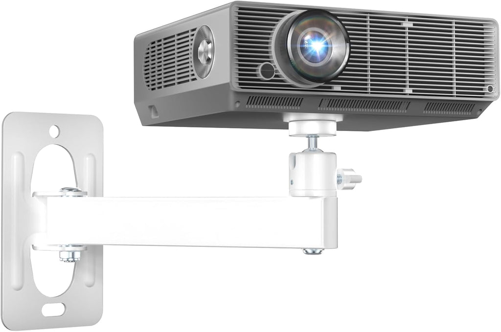 WALI Mini Porjector Wall Mount, Wall Projector Mount for 1/4" M4 M6 Screws, Fully Adjustable Projector Hanging Bracket Ceiling Mount Holder Holds up 22lbs, White (1330LM-PMWS)