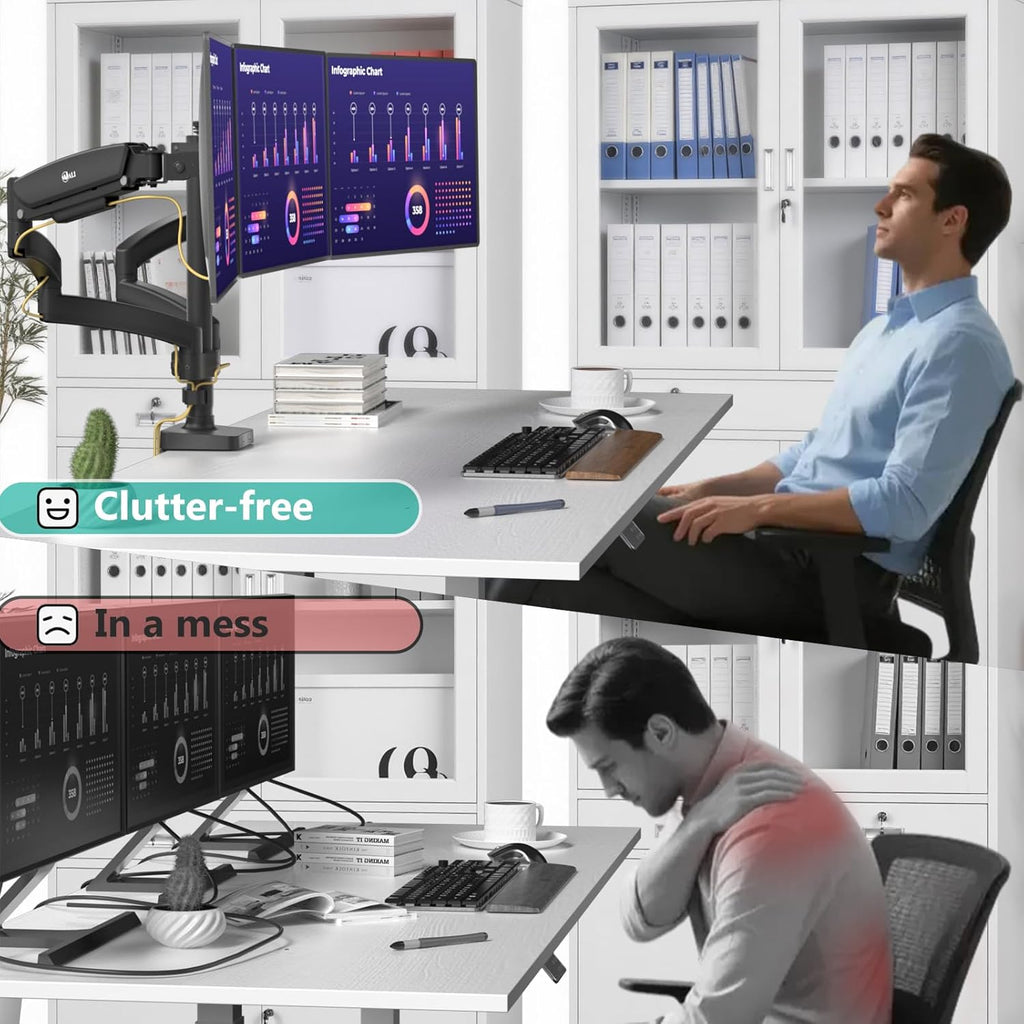 WALI Triple Monitor Mount, 3 Monitor Desk Mount with Premium Gas Spring Arm for Screens up to 27 inch, Multiple Monitors Stand with Tilt, Swivel, Rotation, Mounting Holes 75/100 mm (GSDM003N), Black