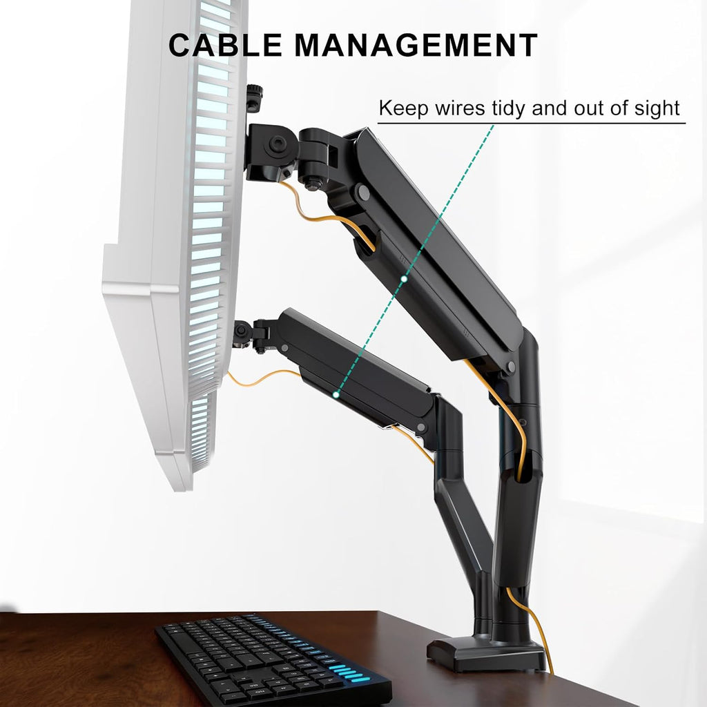 WALI Adjustable Dual Monitor Arm for 13-32 inch Screens, 22 lbs per Arm | Dual Monitor Stand for Desk, Full Motion with Tilt, Swivel, Rotation, C-Clamp & Grommet Base, VESA 75/100mm (GSMP002N), Black