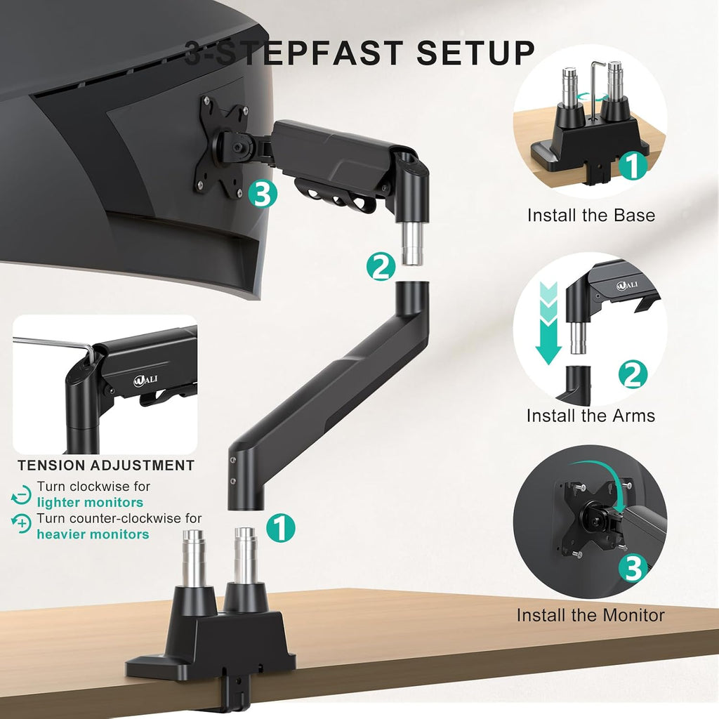 WALI Adjustable Dual Monitor Mount for 13-43 inch Screens, up to 22 lbs | Ultrawide Monitor Arms for 2 Monitors, Full Motion with Tilt, Swivel, Rotation, C-Clamp/Grommet, VESA 75/100mm (GSM002XLN)