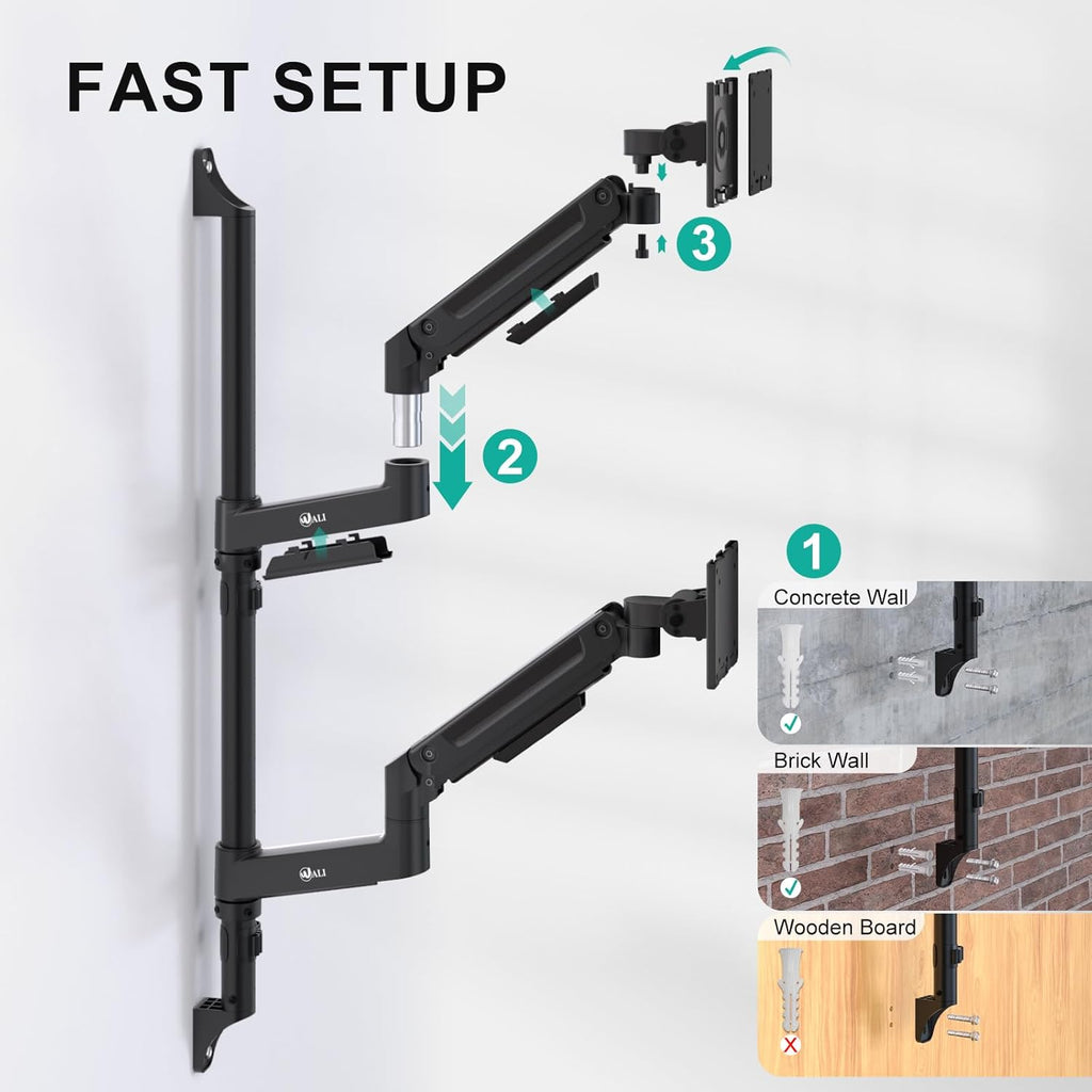 WALI Vertical Dual Monitor Wall Mount for 13-49 inch Screens, Heavy Duty Stacked Dual Monitor Stand for Wall, Adjustable Ultrawide Monitor Arm Wall Mounted, Holds up to 44 lbs (GSWM002-P), Black