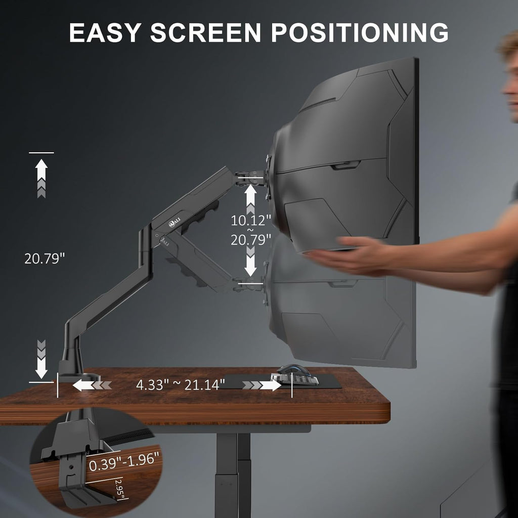 WALI Single Monitor Arm with Desk Mount for 17–49 Inch Screens – Holds Up to 33 lbs, Fully Adjustable VESA Monitor Stand, Heavy Duty Gas Spring for Gaming & Home Office (GSM001XLN)
