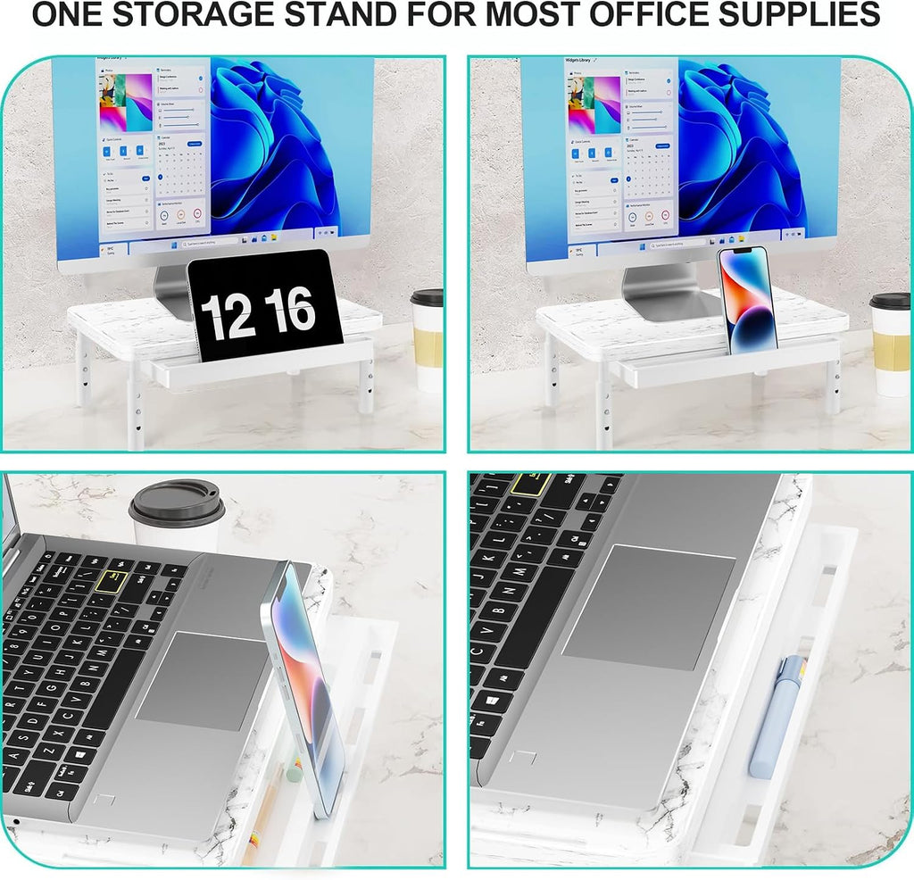 WALI Computer Monitor Stand with Storage, Monitor Riser 3 Height Adjustable | Laptop Riser with Airflow Vents, Desk Organizer for Computer, Printer, Notebook (PTT002-M), 1 Pack, Marble