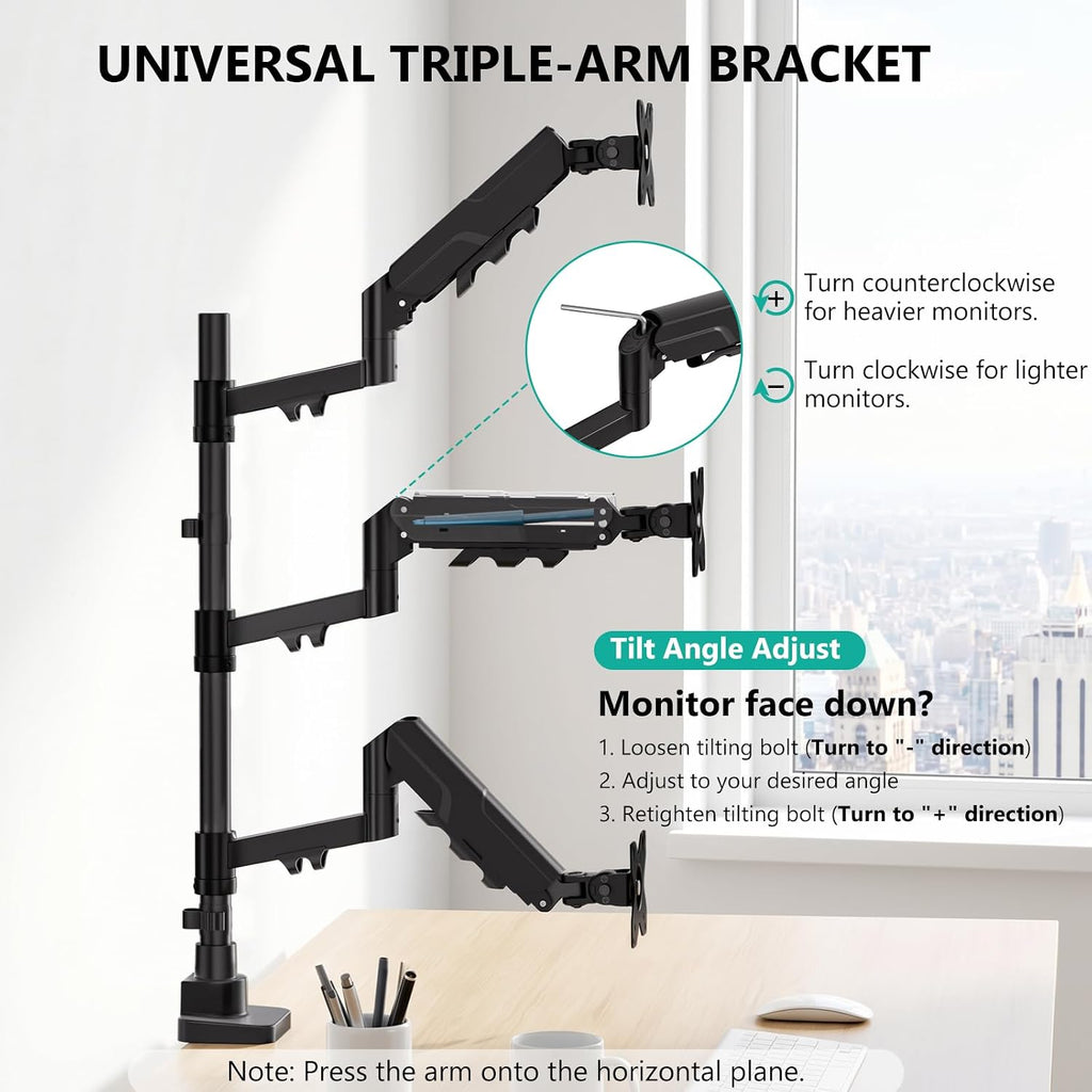 WALI Stacked Triple Monitor Mount for 49" UItrawides and Dual 34" Monitors | Heavy Duty 3 Monitor Arm up to 33 lbs, Full Motion with Tilt, Swivel, Rotation, C-Clamp & Grommet Base, VESA 75/100mm, Black