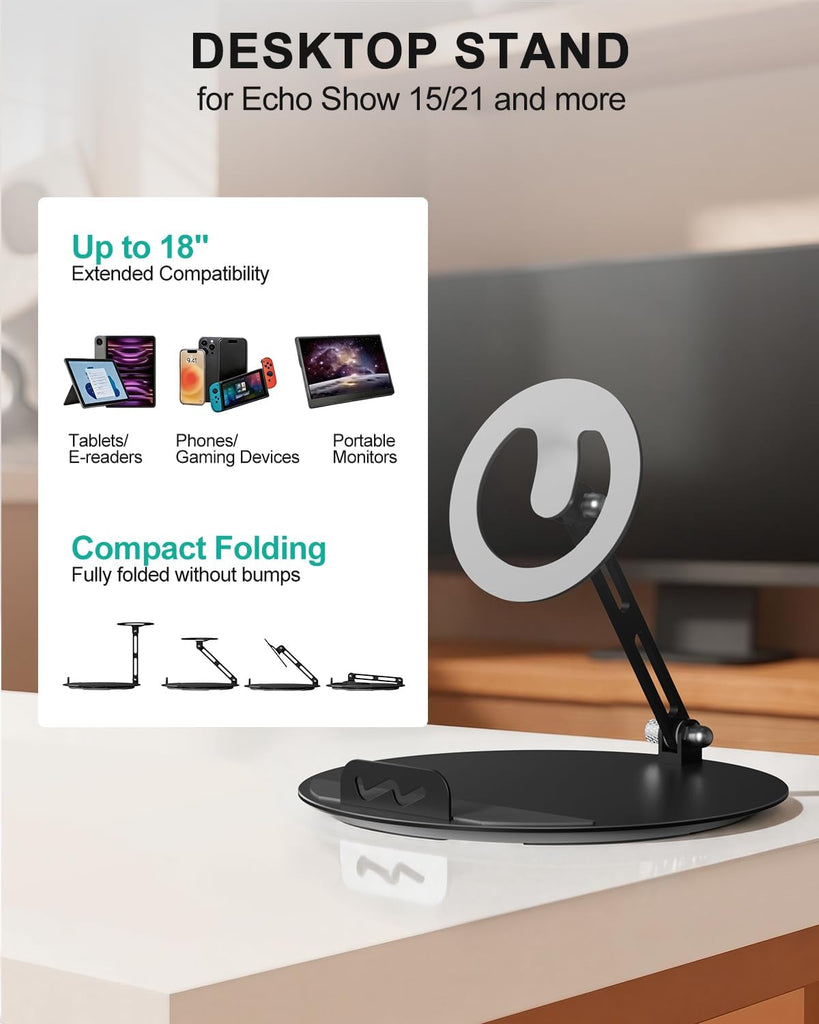WALI Echo Show 15/21 Stand, Adjustable Stand for Echo Show 15/21 and Up to 18" Tablets/Portable Monitors, 360 Degrees Rotating Tilt Foldable Show 15, 21 Accessories for Kitchen Home Office, Black