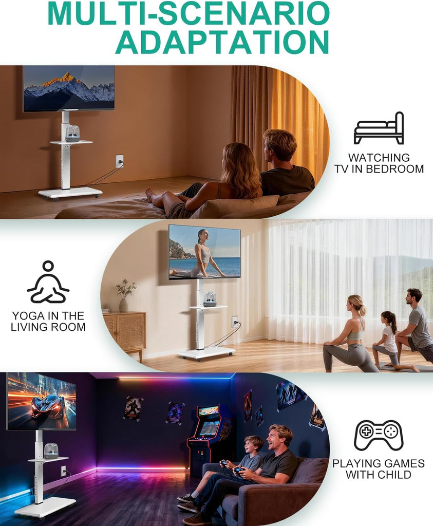 WALI Rolling TV Stand with Power Outlet & AV Shelf, Mobile Tall TV Stand Mount on Wheels for 39-70 inch TV up to 110 lbs, Swivel Height Adjustable TV Cart with Wood Base for Bedroom(TVDVD-6PRW), White