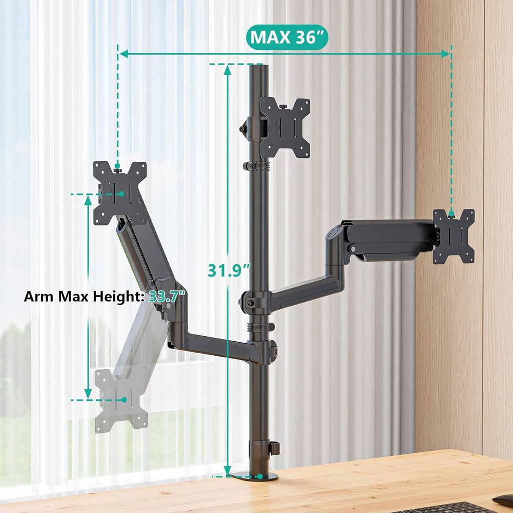 WALI Triple Monitor Mount for 13-32 inch Screens, Taller 3 Monitor Desk Mount, up to 19.8lbs, 31.9 inch Height Max, Adjustable Gas Spring Triple Monitors Stand, VESA 75/100mm (GSDM003S), Black