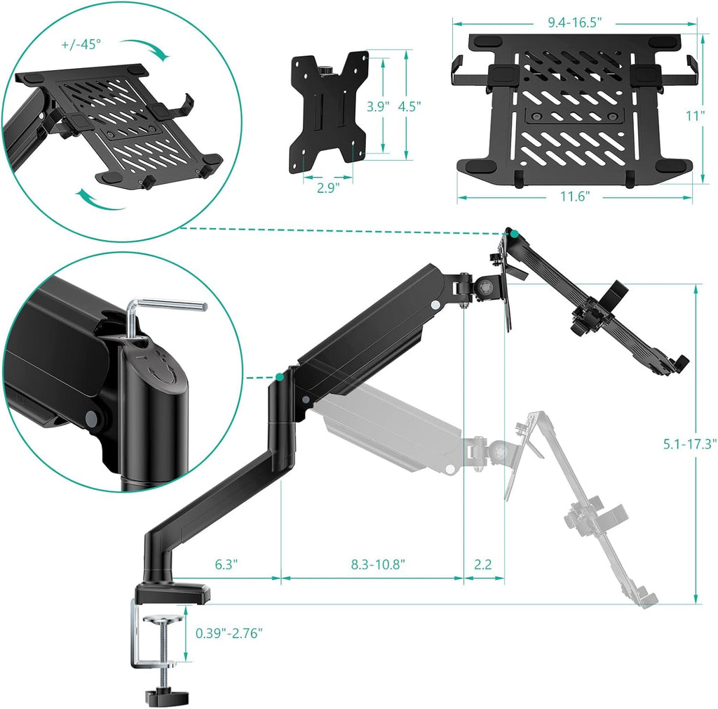 WALI Laptop Desk Mount, 2-in-1 Monitor Mount with Adjustable Laptop Tray, Fits Max 17" Notebook and 34" Computer Screen, Max Holds 22-26.4 lbs, Single Monitor Laptop Stand for Desk (GSMP001NLP), Black