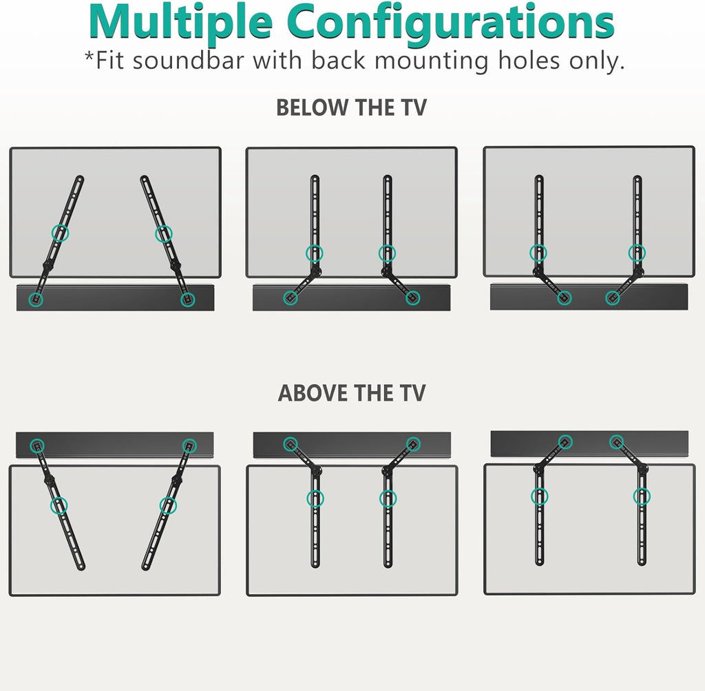 WALI Sound Bar Mount Bracket, for Mounting Above or Under TV, with Adjustable 3 Angled Extension Arm, Fits Most 23 to 65 Inch TVs, up to 33 lbs (SBR202)