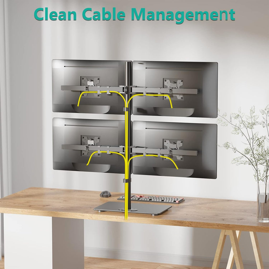 WALI Freestanding Quad Monitor Mount for 17-27 Inch Screens, Fully Adjustable 4 Monitor Stand with Swivel, Tilt, Rotation, Glass Base, Max Load 22 lbs per Arm (GMF004), Black