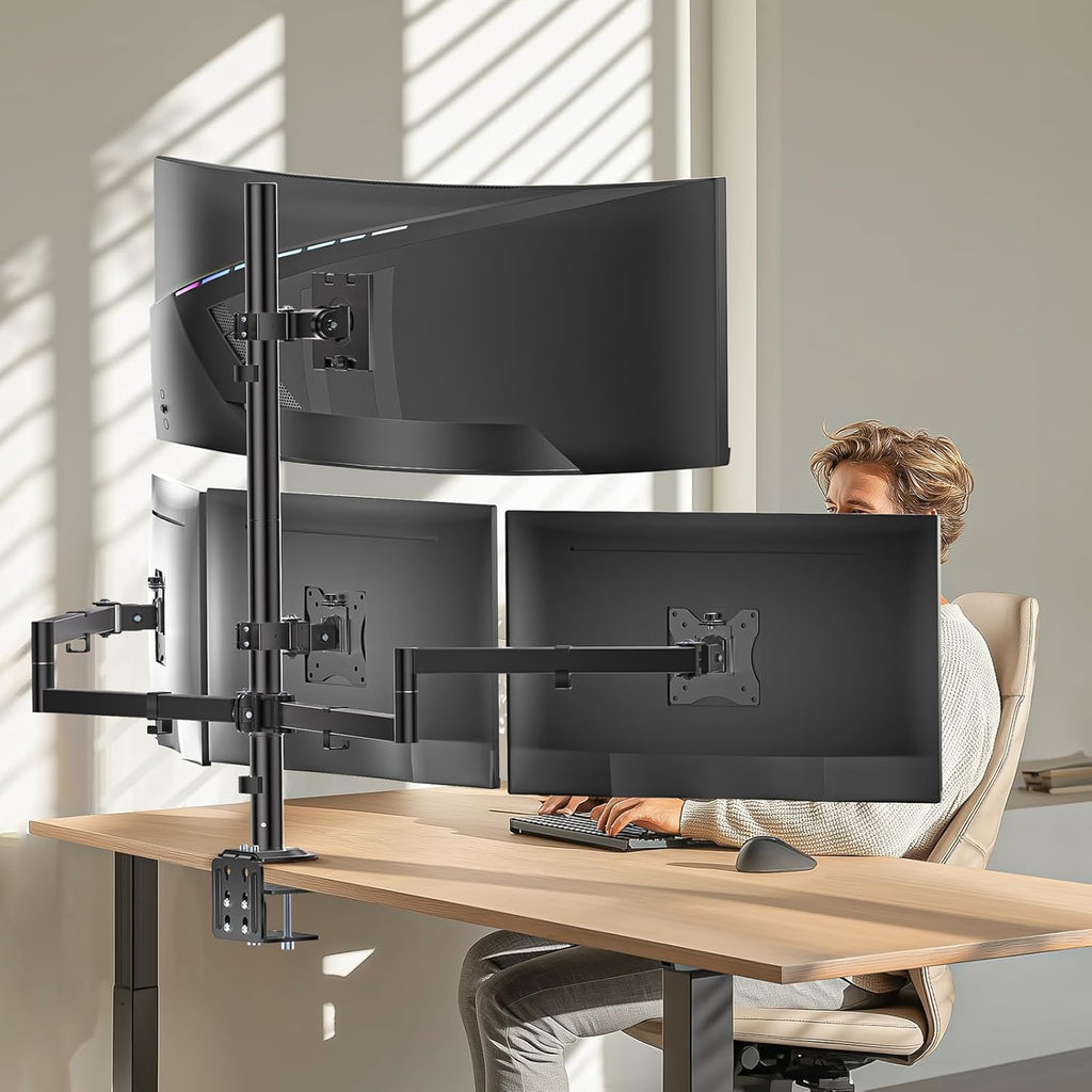 WALI Quad Monitor Mount for up to 49 inch Ultrawides on Top Bracket and 27 inch Screens on Lower Brackets, Extra Tall 4 Monitor Stand, Heavy Duty Monitors Arm up to 44 lbs (M004S-P), Black