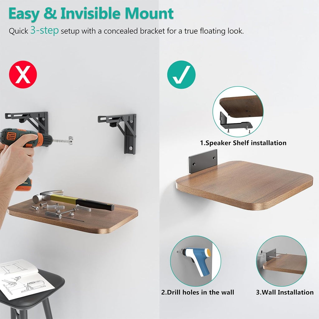 WALI Heavy Duty Floating Speaker Shelves Wall Mounted - Set of 2 - for Surround & Rear Sound, Satellite, Bookshelf Speakers & Home Theater – 7.9" x 7.9" Sturdy Design – 55 lbs Capacity Per Shelf(SWM302)