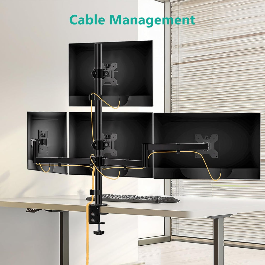 WALI Quad Monitor Mount for 13-27 Inch Screens, Fully Adjustable 4 Monitor Stand with Swivel, Tilt, Rotation, Clamp & Grommet Base Kit, Max Load 22lbs per Screen (M004S), Black