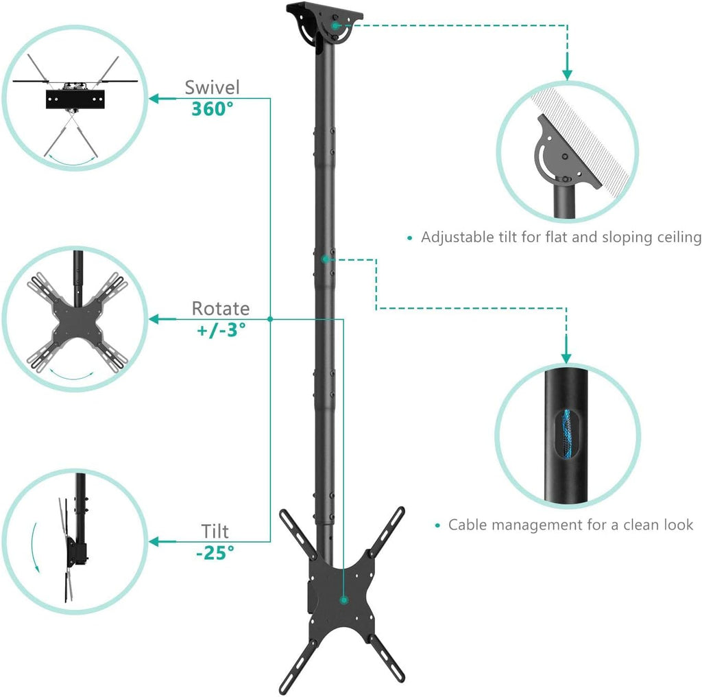 WALI Long Arm TV Ceiling Mount, Fits Most LED, LCD, OLED and Plasma Flat Screen Display 26 to 65 Inch, up to 110 Lbs, Height Extension up to 58 Inch, Mounting Holes up to 400x400mm (CM2665XL), Black
