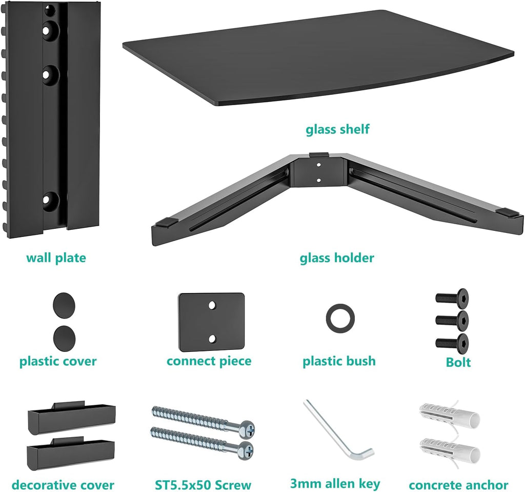 WALI Floating Entertainment Center Shelves, Holds Up to 17.6lbs, TV Shelf with Strengthened Tempered Glasses for DVD Players, Cable Boxes, Games Consoles, TV Accessories (CS201B), 1 Shelf, Black