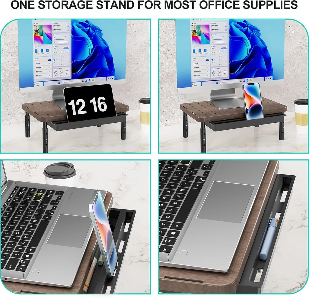 WALI Plastic Computer Monitor Stand with Storage, Adjustable Laptop Riser | Laptop Riser with Airflow Vents, Desk Organizer for Computer, Printer, Notebook (PTT002-C), 1 Pack, Brown