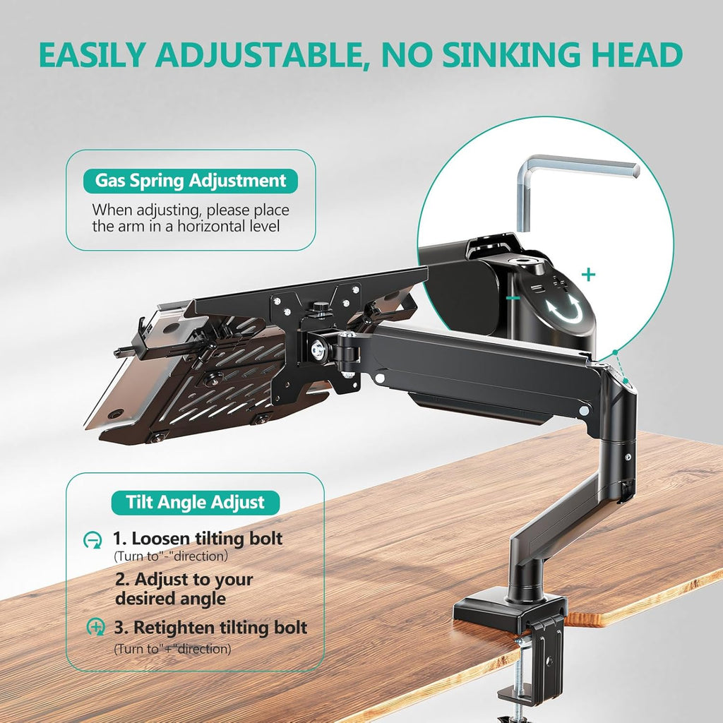 WALI Laptop Desk Mount, 2-in-1 Monitor Mount Fit 17” Notebook and 34” Monitors, Laptop Stand for Desk Adjustable Height, Gas Spring Monitor Arm with Laptops Holder, Up to 22-26.4lbs(GSMP001LPN), Black