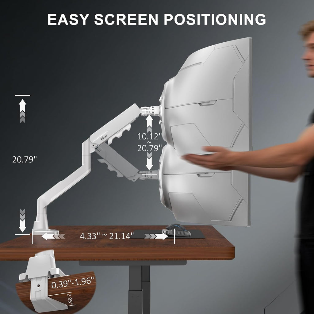 WALI Single Monitor Arm with Desk Mount for 17–49 Inch Screens – Holds Up to 33 lbs, Fully Adjustable VESA Monitor Stand, Heavy Duty Gas Spring for Gaming & Home Office (GSM001XLNW),White