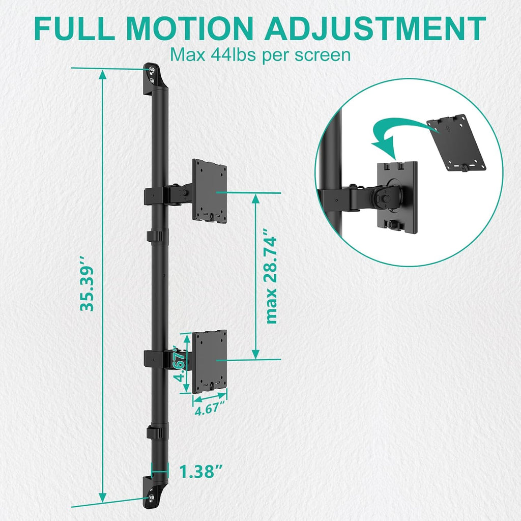 WALI Dual Monitor Wall Mount - Heavy Duty Wall Mount,Vertical Monitor Stand for 17-49 inch Screens,Holds up to 44 lbs per Screen,VESA 75x75/100x100mm,(012ARMV-49) Black
