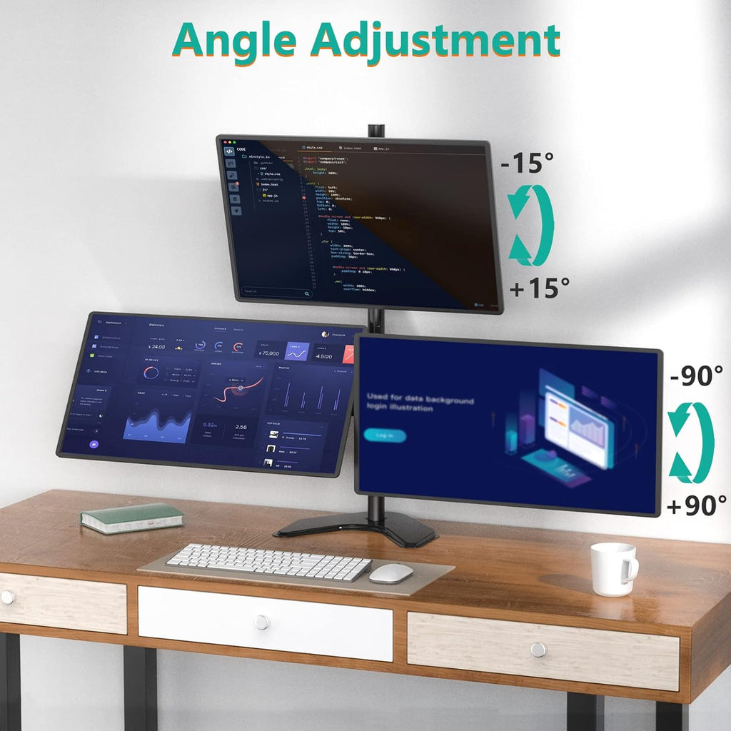 WALI Triple Monitor Stand, Free Standing Three Monitor Desk Mount Fully Adjustable, Fits 3 Screens up to 27 inch, 22 lbs Weight Capacity per Arm (MF003S), Black