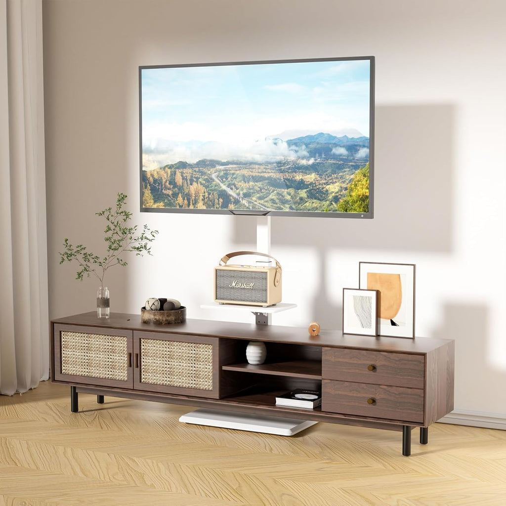 WALI Floor TV Stand with Power Outlet & AV Shelf, Tall TV Stand Mount for 32-75 inch TV up to 110 lbs, Swivel and Height Adjustable TV Stands with Wood Base for Bedroom, Office(TVDVD-6PW), White