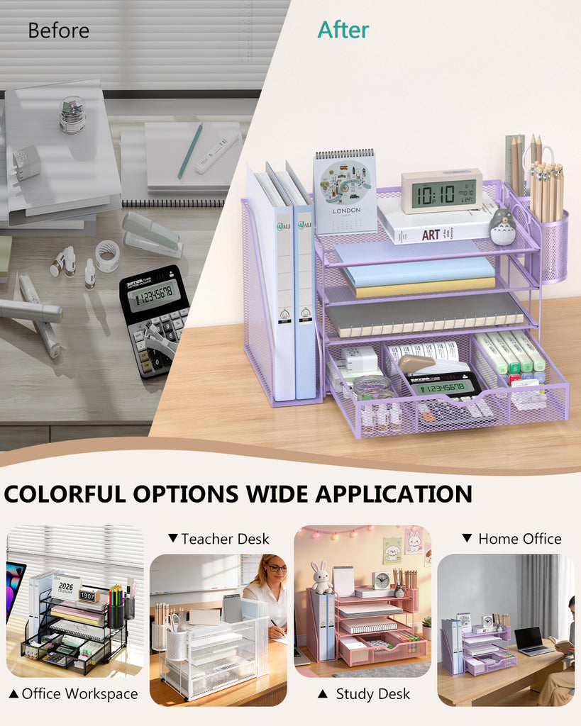 WALI Desk File Organizer, 4 Tier Desktop Paper Letter Tray Organizer with Drawer and 2 Pen Holders, Office Desk Accessories & Workspace Organizers for Office, Home Supplies(DO005DH-V), 1 Pack, Purple