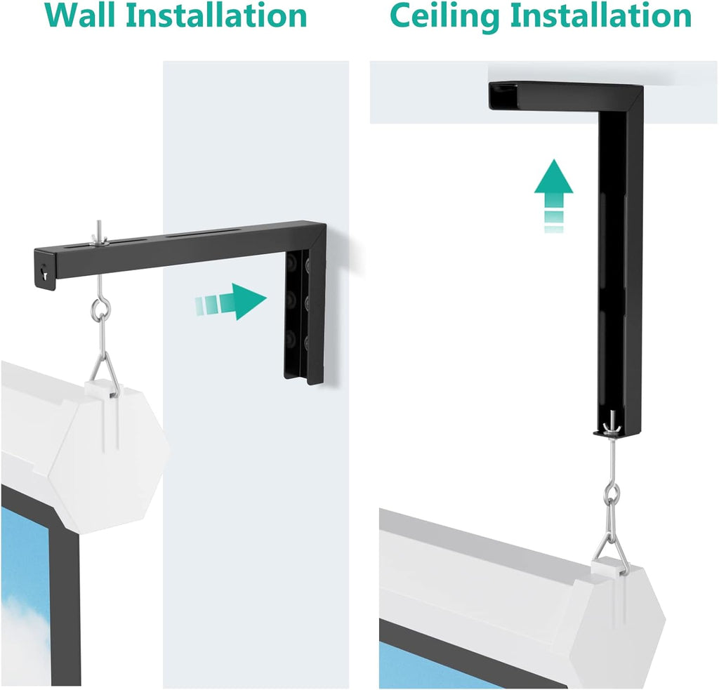 WALI Universal Projector Screen Ceiling Mount, Wall Hanging Mount L-Brackets, 12 inch Adjustable Extension with Hook Kit, Perfect Projector Screen Placement Hold up to 80 lbs (PSM001XL-B), Black
