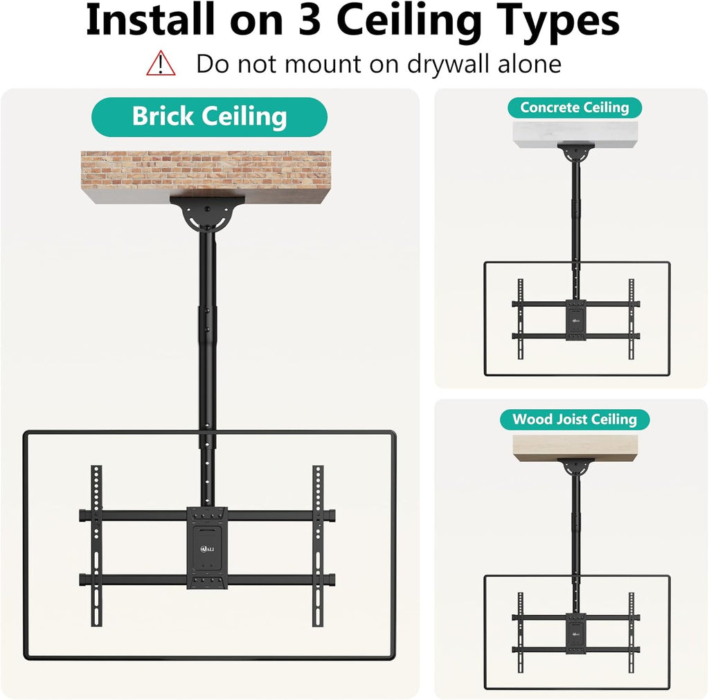 WALI Ceiling TV Mount for Most 37 to 80 inch Flat Screen Display, Hanging TV Mount Bracket with Swivel, Tilt Fits LED, LCD, OLED 4K TVs up to 110lbs, Max Mounting Holes 600x400mm (CM3770), Black