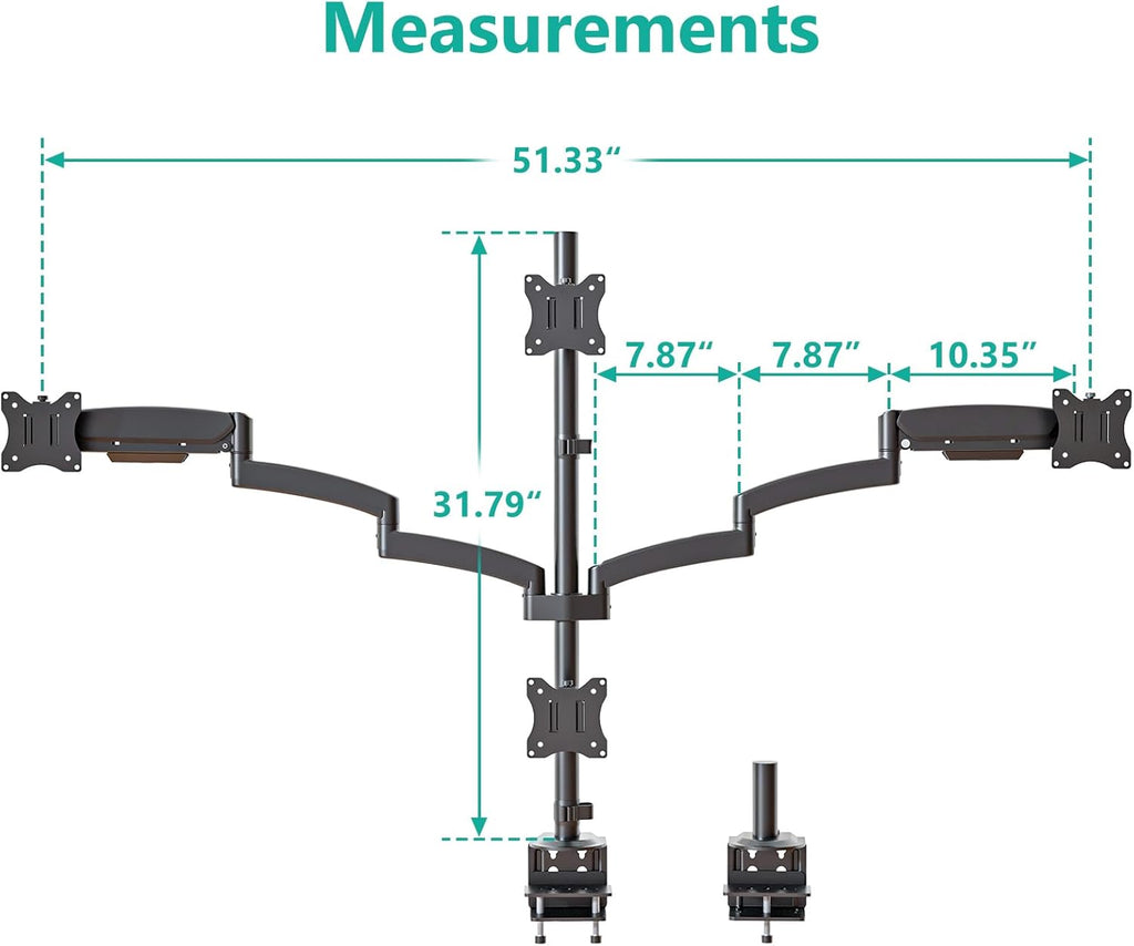 WALI Quad Monitor Mount for 17-27 inch Screens, Extra Tall 4 Monitors Desk Mount, up to 19.8lbs, 32.2 inch Height Max, Fully Adjustable Gas Spring 4 Monitor Stand, VESA 75/100mm (GSDM004S), Black