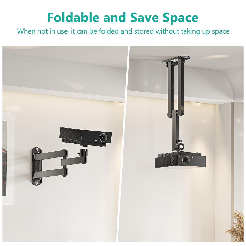 WALI Foldable Projector Wall Mount Universal Adjustable Wall Projector Mount Aluminum Alloy Projectors Stand,1/4" M4 M6 Screw Size,(1330LM-PM), Black