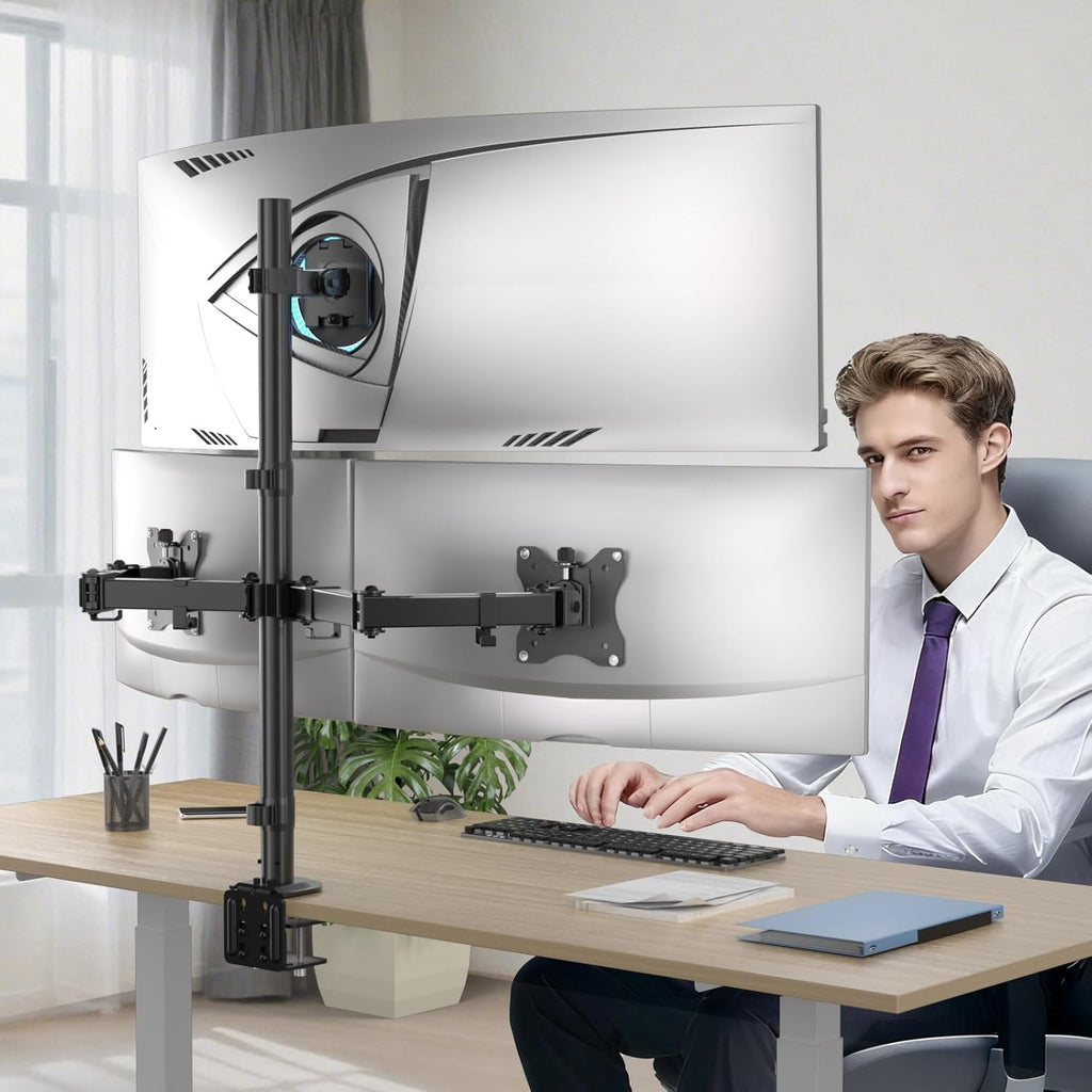 WALI Triple Monitor Mount for up to 49 inch Ultrawides on Top Bracket and 32 inch Screens on Side Brackets, Extra Tall 3 Monitors Desk Mount, Heavy Duty Monitor Arm up to 44 lbs (M003-P), Black