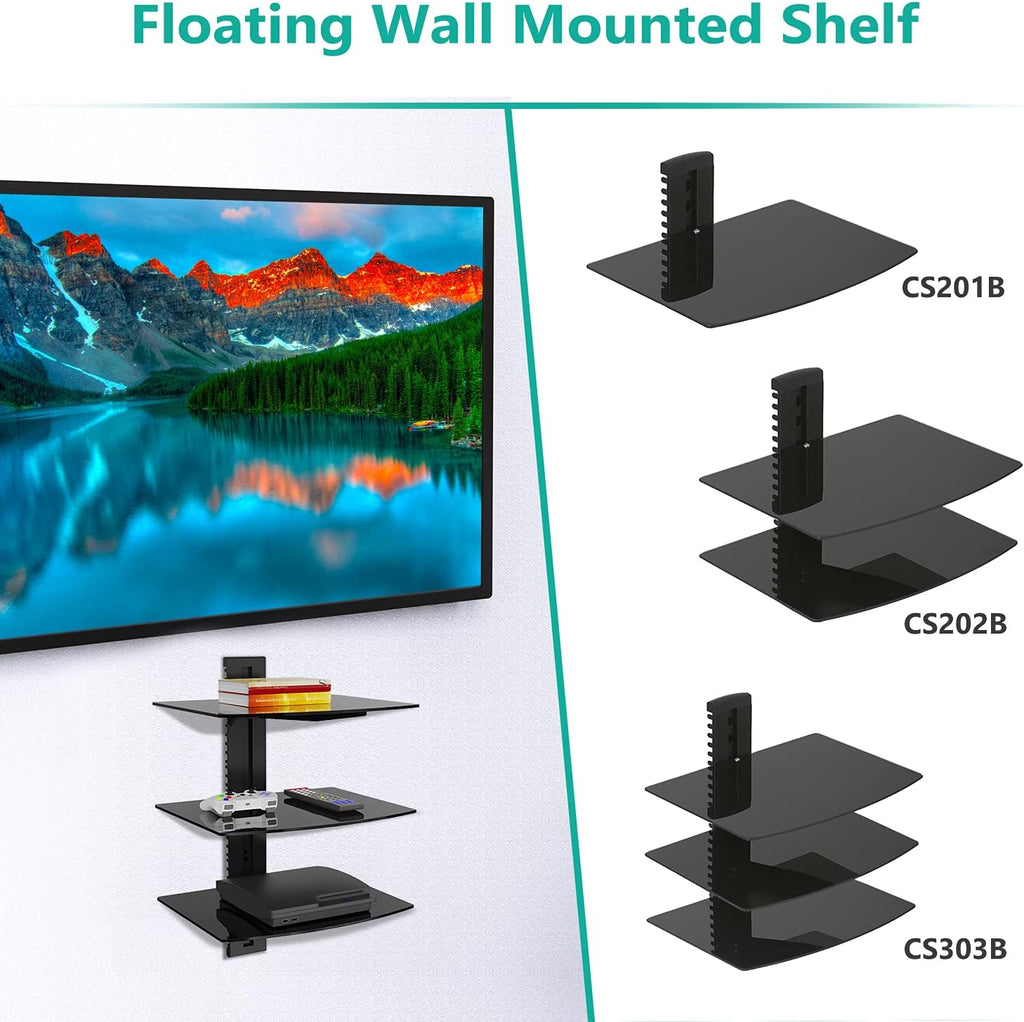 WALI Floating Entertainment Center Shelves, Holds Up to 17.6lbs, TV Shelf with Strengthened Tempered Glasses for DVD Players, Cable Boxes, Games Consoles, TV Accessories (CS303B), 3 Shelf, Black