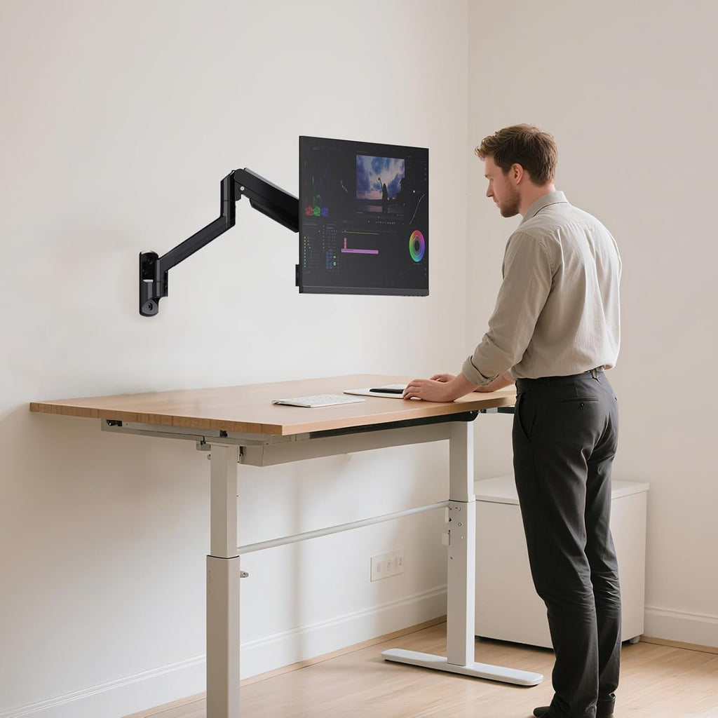 WALI Computer Monitor Wall Mount for 17 to 32 Inch Screens, Single Monitors Mount Holds up to 22lbs, Fully Adjustable Gas Spring Wall Mount Monitor Arm, 75x75/100x100mm VESA Mount (GSWM001), Black