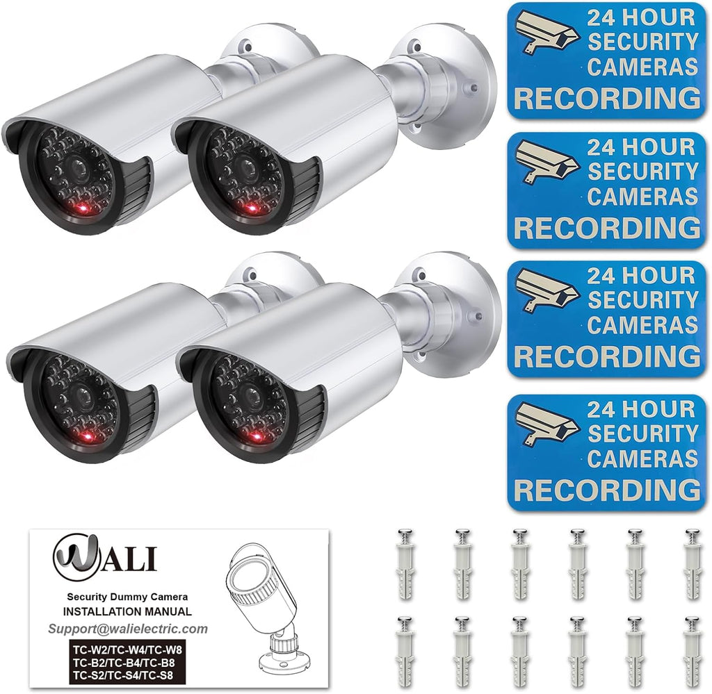 WALI Dummy Fake Simulated Surveillance Security CCTV Dome Camera Indoor Outdoor with One LED Light, Warning Security Alert Sticker Decal (TC-S4), 4 Packs, Silver