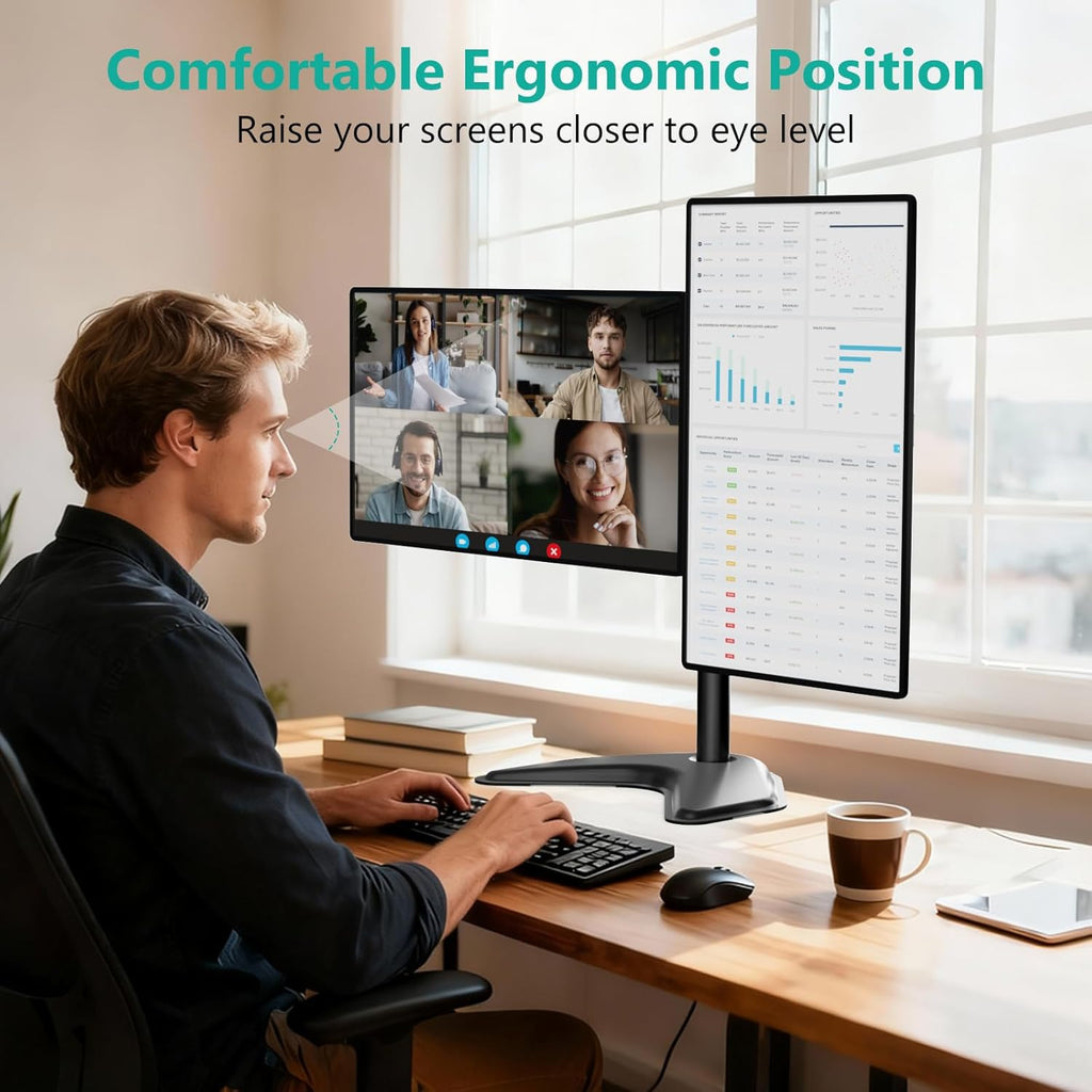 WALI Dual Monitor Stand, Freestanding Full Motion Monitor Desk Mount Fits 2 Screens up to 27 inches, Dual Monitors Arm Fits up to 22lbs, VESA 75x75 100x100 (MF002LM), Black