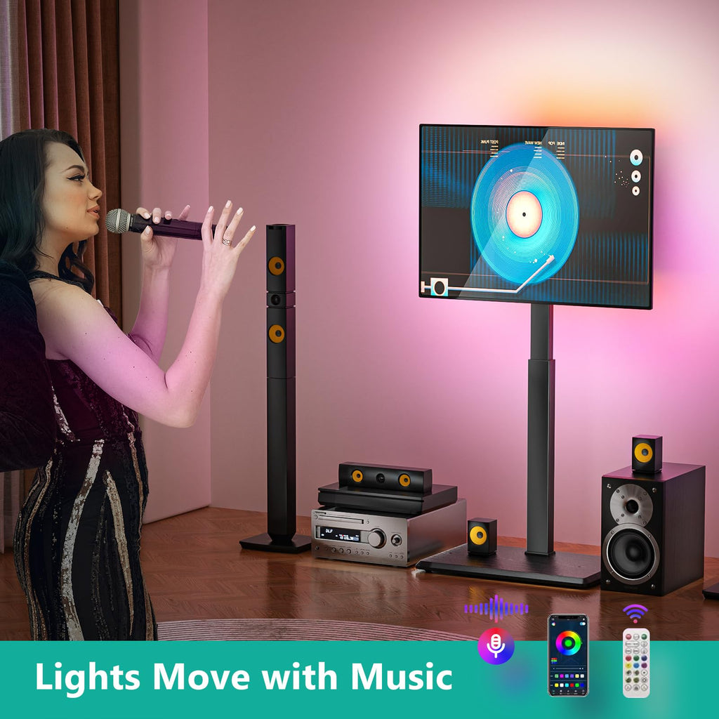 WALI Floor TV Stand with LED Lights, Tall TV Stand Mount for 32-75 inch TV up to 110 lbs, Swivel and Height Adjustable TV Stand with Wood Base for Bedroom, Office(TVDVD-7L), Black