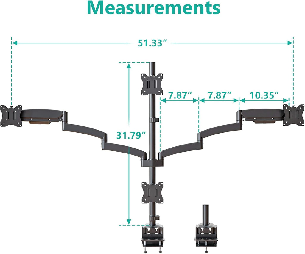 WALI Stacked 4 Monitor Mount for 13-27 inch Screens, 19.8 lbs per Arm | Tall Quad Monitor Stand for Desk, Full Motion with Tilt, Swivel, C-Clamp & Grommet Base, VESA 75/100mm (GSDM004S), Black