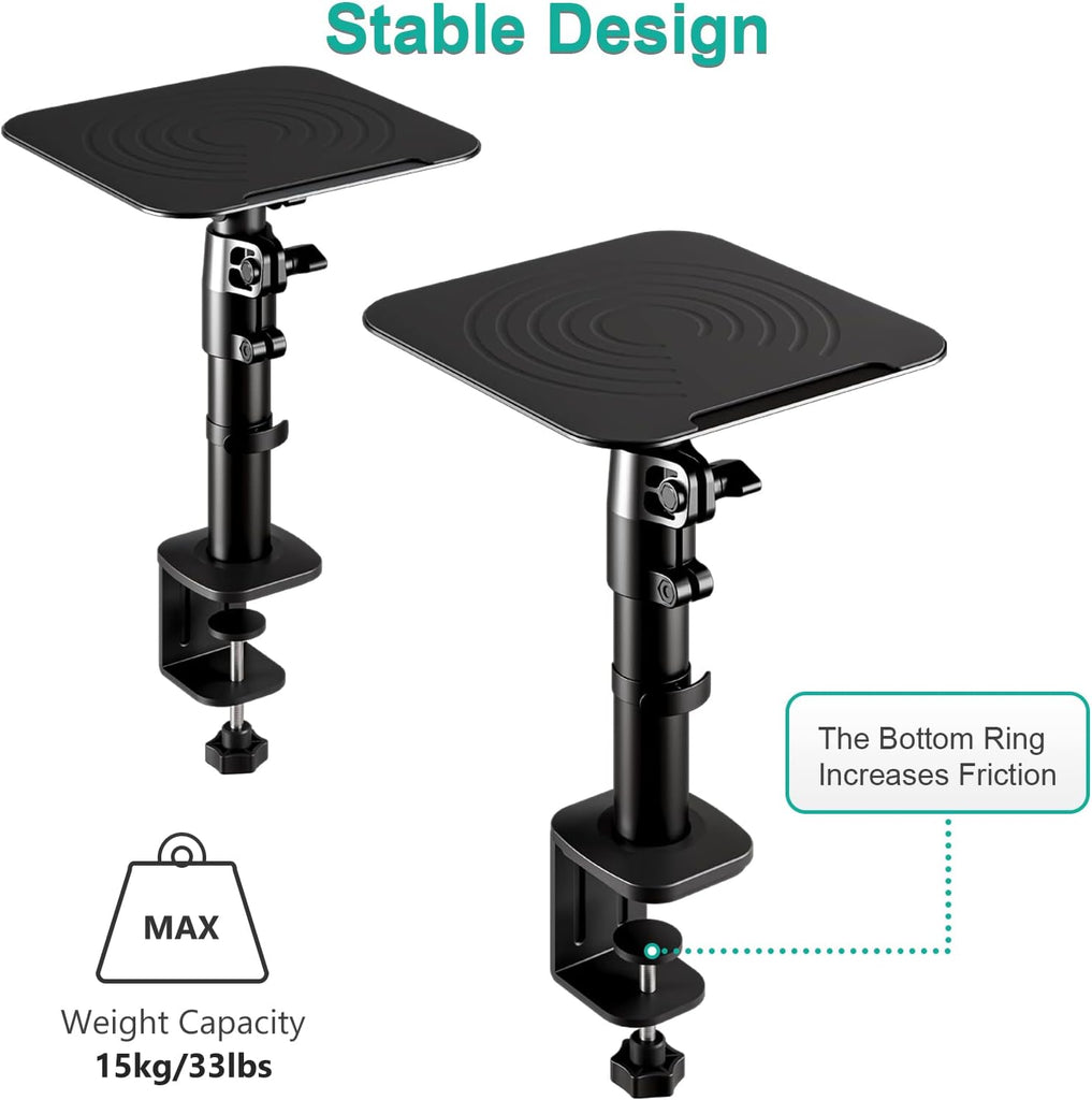 WALI Studio Monitor and Speaker Stand, Clamp-on Desktop Stand Set of 2, Height Adjustable Universal Audio Holder for Bookshelf Speakers Laptops Projectors (SDS003), Black