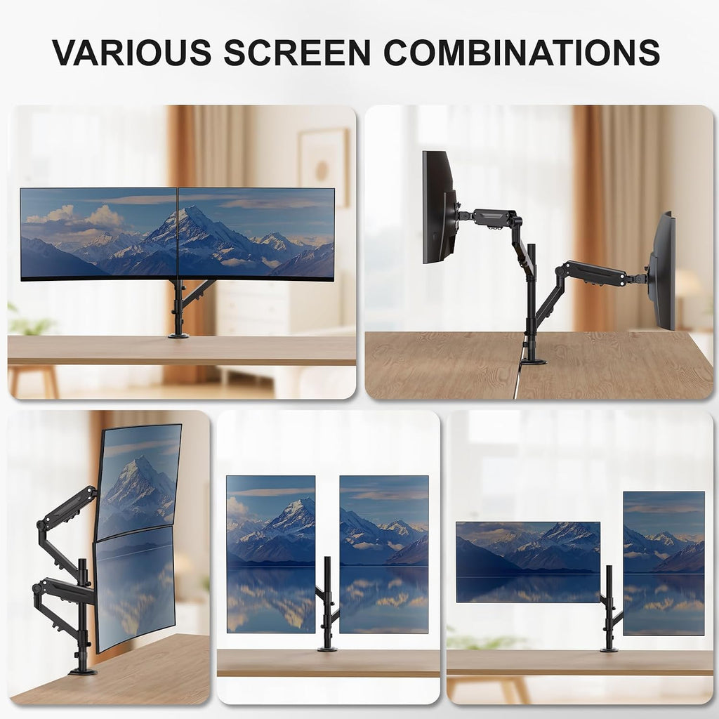 WALI Vertical Dual Monitor Mount for 13-40 inch Screens, up to 26.4 lbs | Stacked Dual Monitor Stand, Full Motion with Tilt, Swivel, Rotation, C-Clamp/Grommet Base, VESA 75/100mm (GSDM002M), Black