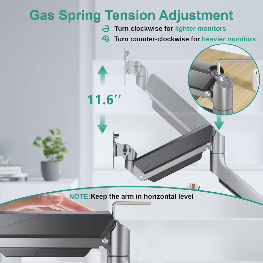 WALI Ultrawide Monitor Arm for 13 to 49 Inch Heavy Duty Curved Screens, Adjustable Gas Spring Single Monitor Desk Mount with 2 USB 3.0 Ports, Holds 33 lbs, 75x75/100x100 VESA, Silver (GSMU001)