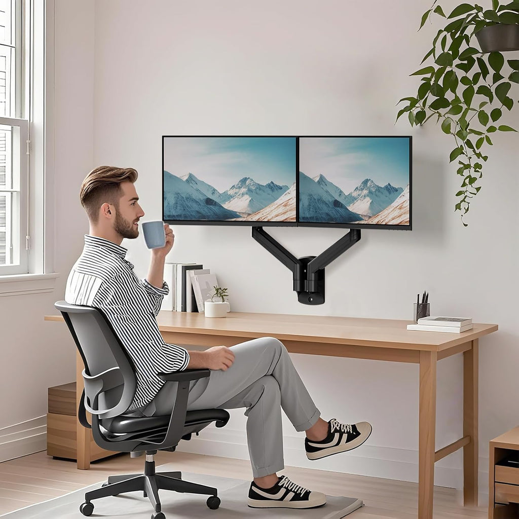 WALI Dual Monitor Wall Mount for 17 to 32 inch Screens, Monitor Wall Mounts for 2 Monitors, Holds up to 22 lbs, Fully Adjustable Gas Spring Monitor Arm,75x75/100x100 VESA Wall Mount (GSWM002), Black