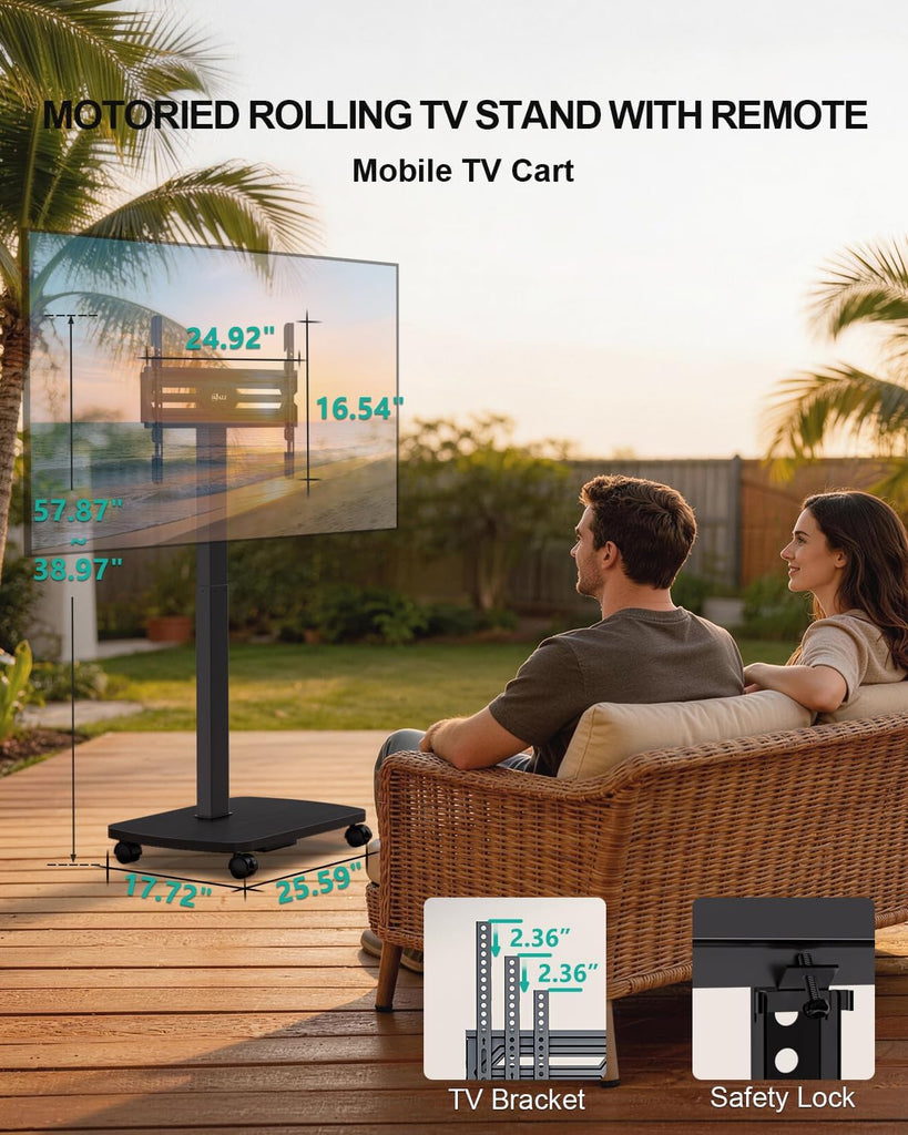 WALI Motorized Rolling TV Stand Lift on Wheels, Electric Height Adjustable Television Stand Mount with Remote for 30-75” TVs up to 110 lbs, Mobile TV Cart with Wood Base for Bedroom(TVDVD-7ER), Black