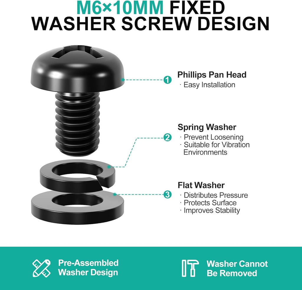 WALI M6 x 10mm TV Mount Screws Kit with Washers, 20PCS, Black Phillips Pan Head Screws For VESA 75/100mm, Flat & Split Lock Washers Deliver Dual Protection, Fits 9.5–11.5mm Mounting Depth