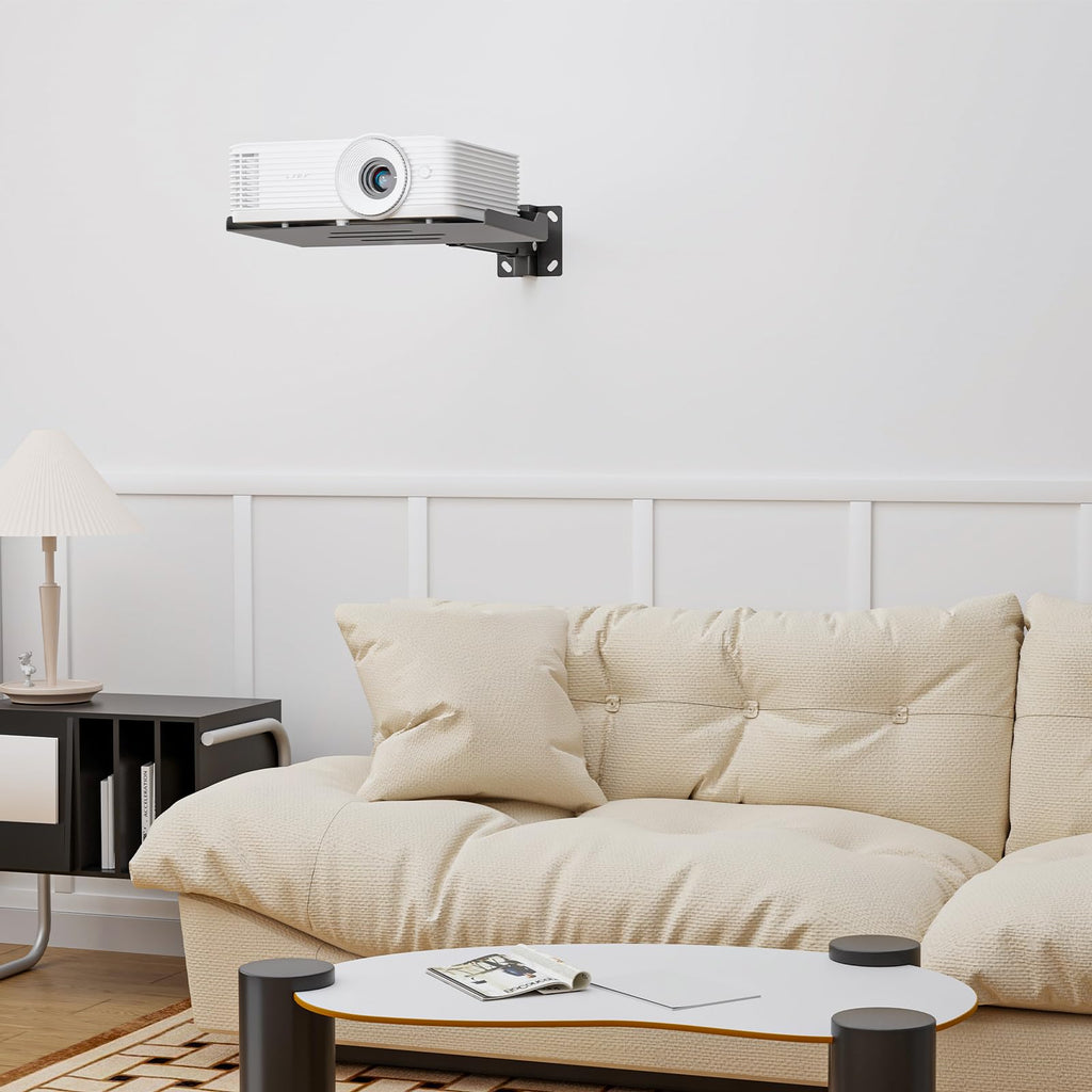 WALI Projector Ceiling Mount Tray，Projector Wall Mount Holds up to 22lbs, Height Adjustable Universal Projectors Mount, No Hole Installation, Hidden Cable Routing, Black(PM-005-B)