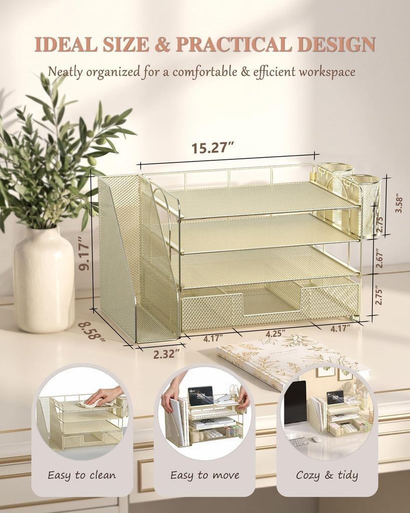 WALI Desk File Organizer, 4 Tier Desktop Paper Letter Tray Organizer with Drawer and 2 Pen Holders, Office Desk Accessories & Workspace Organizers for Office, Home, School Supplies, 1 Pack, Gold