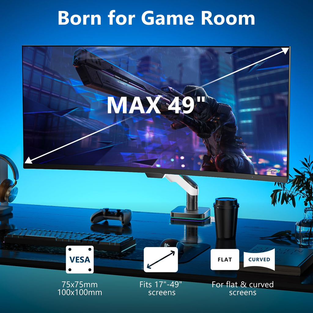 WALI Heavy Duty Monitor Arm, Monitor Stand for Screen up to 49 inch, 44 lbs, Aluminum Ultrawide Computer Mount for Samsung Odyssey G9, Adjustable, Mounting Holes 75 and 100 (GAM001XL), White