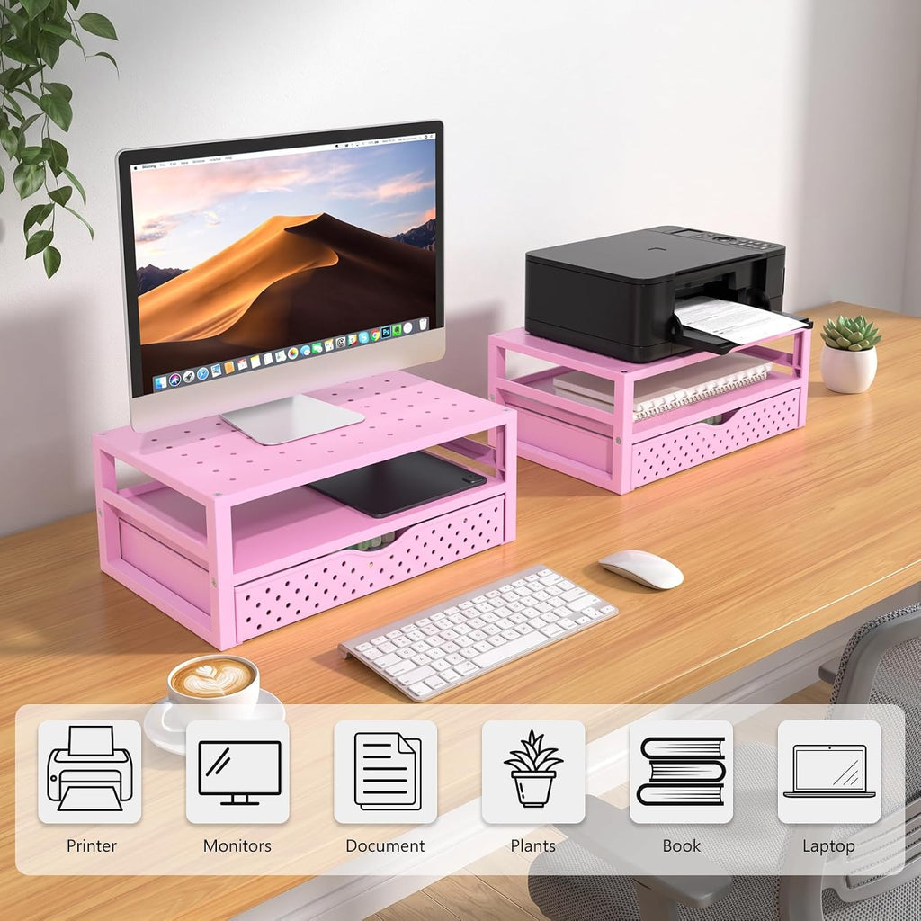 WALI Desk Organizer with Drawer，Computer Monitor Stand with Storage, Desk Organizers and Accessories for Computer, Printer, Laptop Riser for Home Office Supplies, (PTT005-P), 1 Pack, Pink