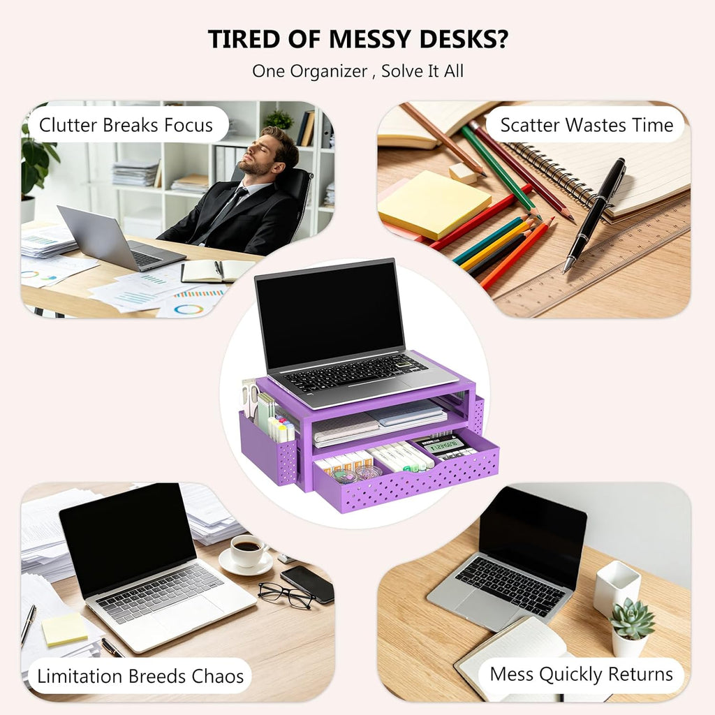 WALI Desk Organizer with Drawer and Pen Holder, 3 Tier Computer Monitor Stand for Home Office Supplies, Laptop Stand Riser for Computer, Laptop, Printer(PTT004-V), 1 Pack, Purple